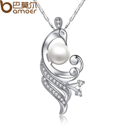 BAMOER  White Gold Color Simulated Pearl Necklaces & Pendants with Paved 21 piece Micro AAA Cubic Zircon Women YIN028